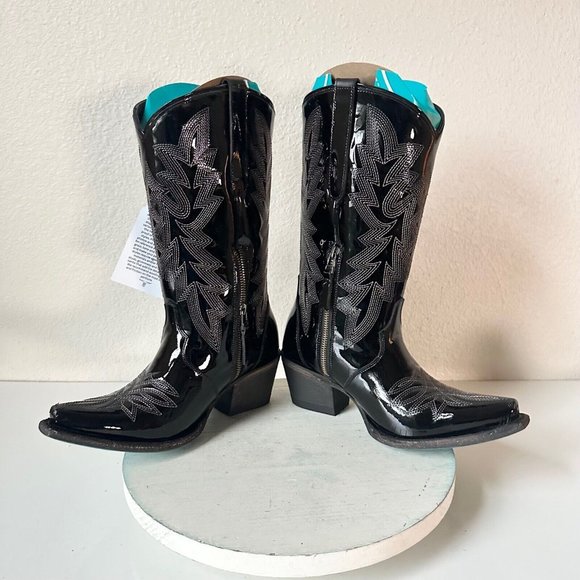 Lane Off The Record Cowgirl Western Boots Black 7.5 Cowboy Snip Toe Rodeo Midi - Picture 8 of 13